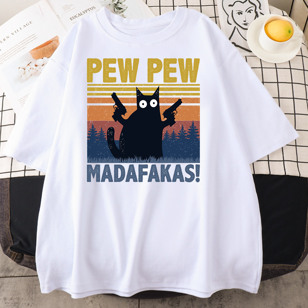 Мужская хлопковая футболка Pew Madafakas, черная Повседневная Винтажная Футболка с принтом кота, с коротким рукавом,