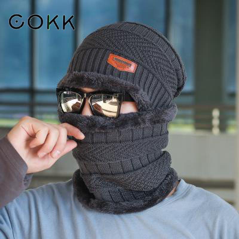 COKK 겨울 비니 모자 남성용 니트 모자 겨울 모자 비니 여성 두꺼운 울 목 스카프 모자 Balaclava 마스크 모자 모자 Gorras