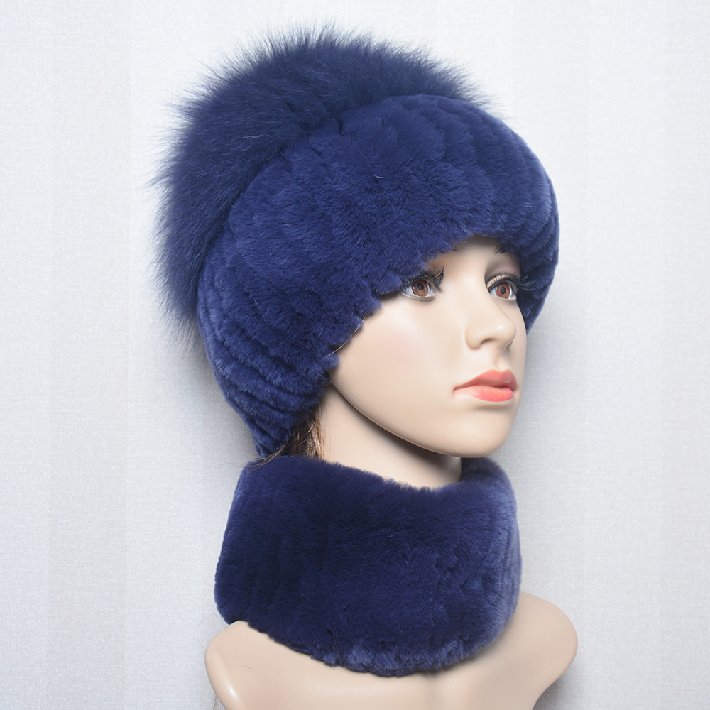 Neue Frauen Winter Luxus Echt Rex Kaninchen Pelz Hut Schal 2 Stück Gestrickte Rex Kaninchen Pelz Hut Top Natürliche Fuchs pelz Kappe Schals Sets