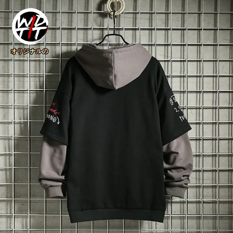 Primavera/outono camisola masculina retro mock de duas peças com capuz coreano hip hop impressão moletom solto com capuz masculino velo acolchoado jaqueta