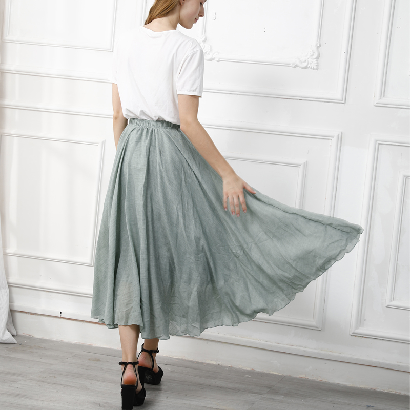 Hoge kwaliteit katoen linnen maxi rok dames casual elastische hoge taille geplooide a-lijn strandrokken boho saia feminina faldas jupe