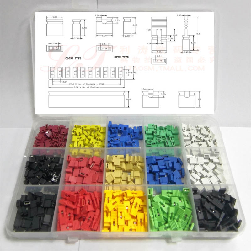 750 PCS 15 wert 2,54mm Pin Jumper Kurzschluss-cap Sockel Kabelgehäuse Schwarz Gelb Weiß Grün Rot Blau Für arduino Sicherung Kit