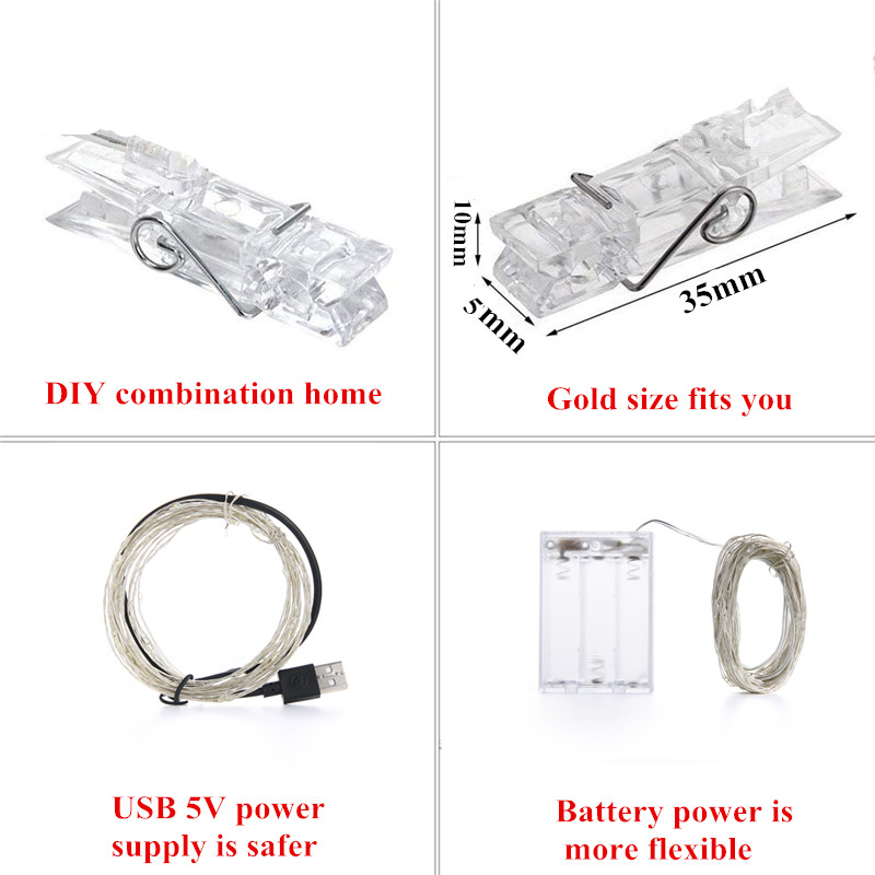Guirlande lumineuse LED avec Clip Photo, USB, à piles, pour l'extérieur, décoration de noël, fête de vacances, mariage, lumières féeriques