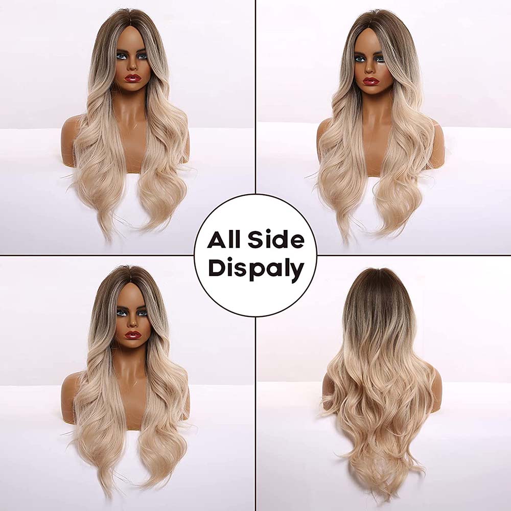 EASIHAIR Ombre Nâu Vàng Nhạt Bạch Kim Dài Lượn Sóng Trung Phần Tóc Tóc Giả Hóa Tự Nhiên Chịu Nhiệt Tổng Hợp Tóc Giả Dành Cho Nữ