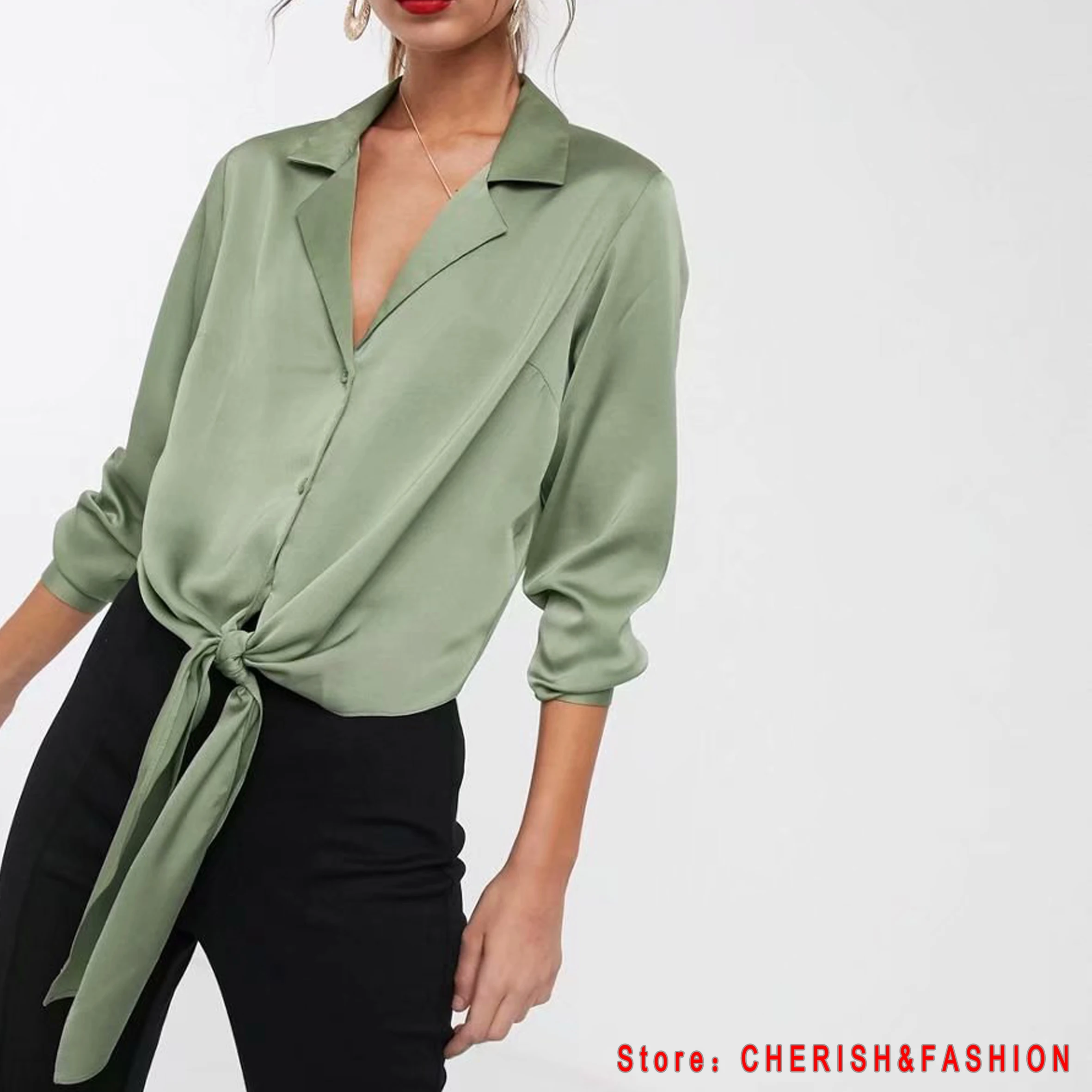 ยี่ห้อ Blusas Mujer De MOD เสื้อแขนยาวสีเขียวเสื้อสำนักงานสุภาพสตรีทำงานเสื้อแฟชั่นเสื้อผ้า Blusas สตรีเสื้อ