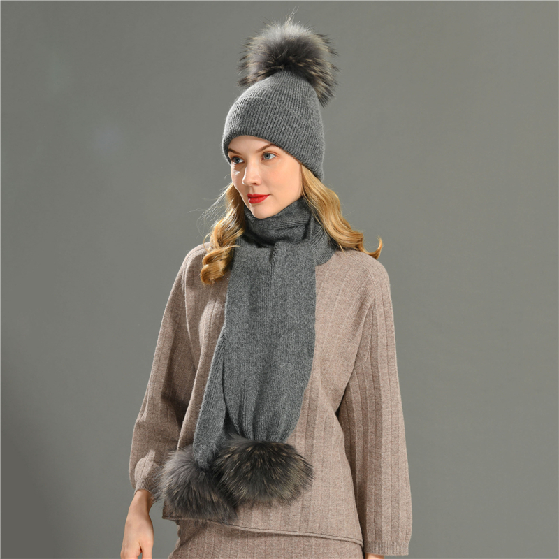 Nieuwe Leuke Echte Wasbeer Bont Pom Poms Kasjmier Knit Beanie Hoed En Sjaal Set Winter Dikker Hedging Mutsen En Sjaals sets