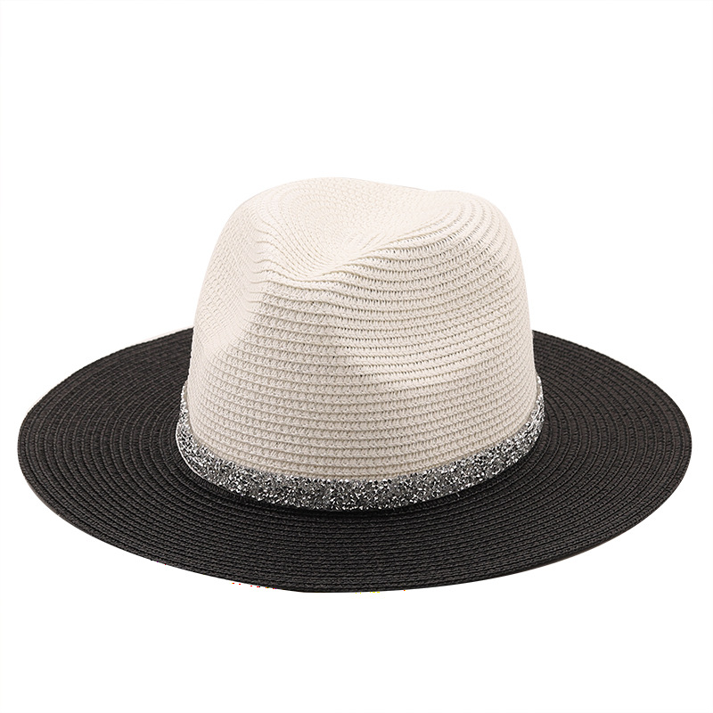 Topi Matahari Bertepi Besar Topi Jerami Jazz Panama Dua Warna Jahitan Wanita Topi Pantai Luar Ruangan Musim Panas Topi Perjalanan Santai