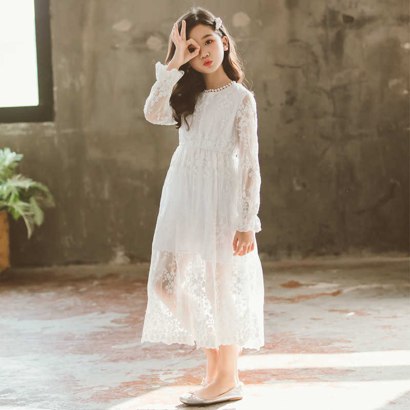 Gaun Bunga Renda Putih Elegan untuk Pernikahan Lengan Panjang A Line Pesta Putri Putri Komuni Kontes Vestidos Usia 8 10 12 14