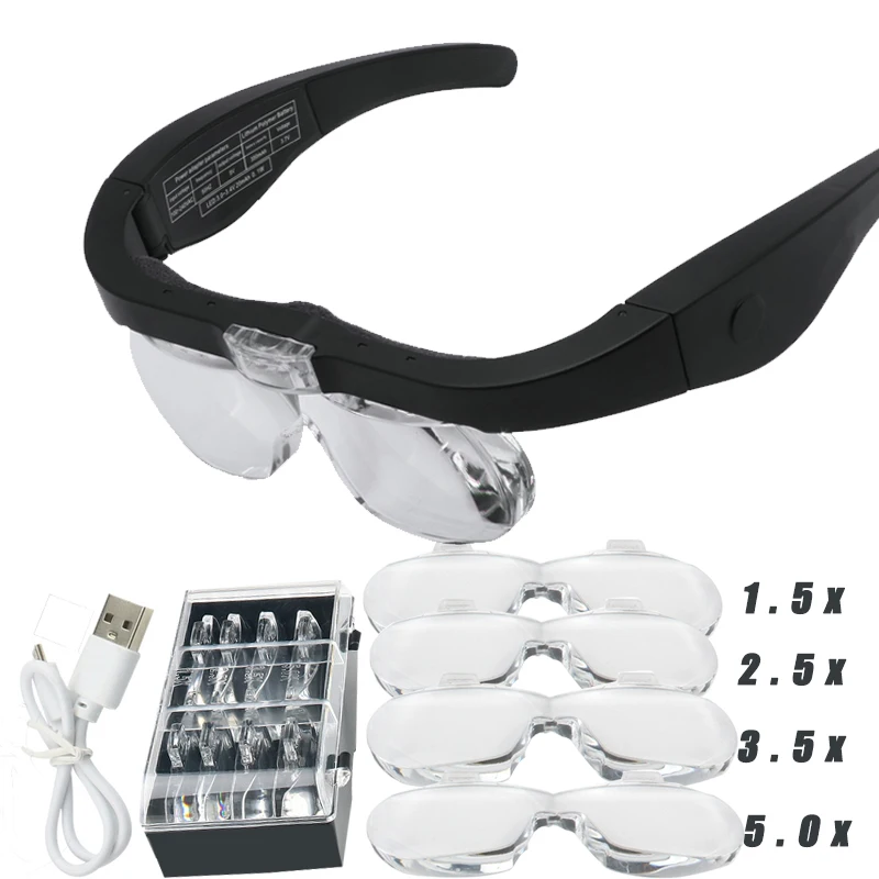 Kính Lúp Magnifier1.5X 2.5X 3.5X 5.0X USB Sạc Có Đèn LED Đọc Thợ Kim Hoàn Thợ Đồng Hồ Sửa Chữa Mặc