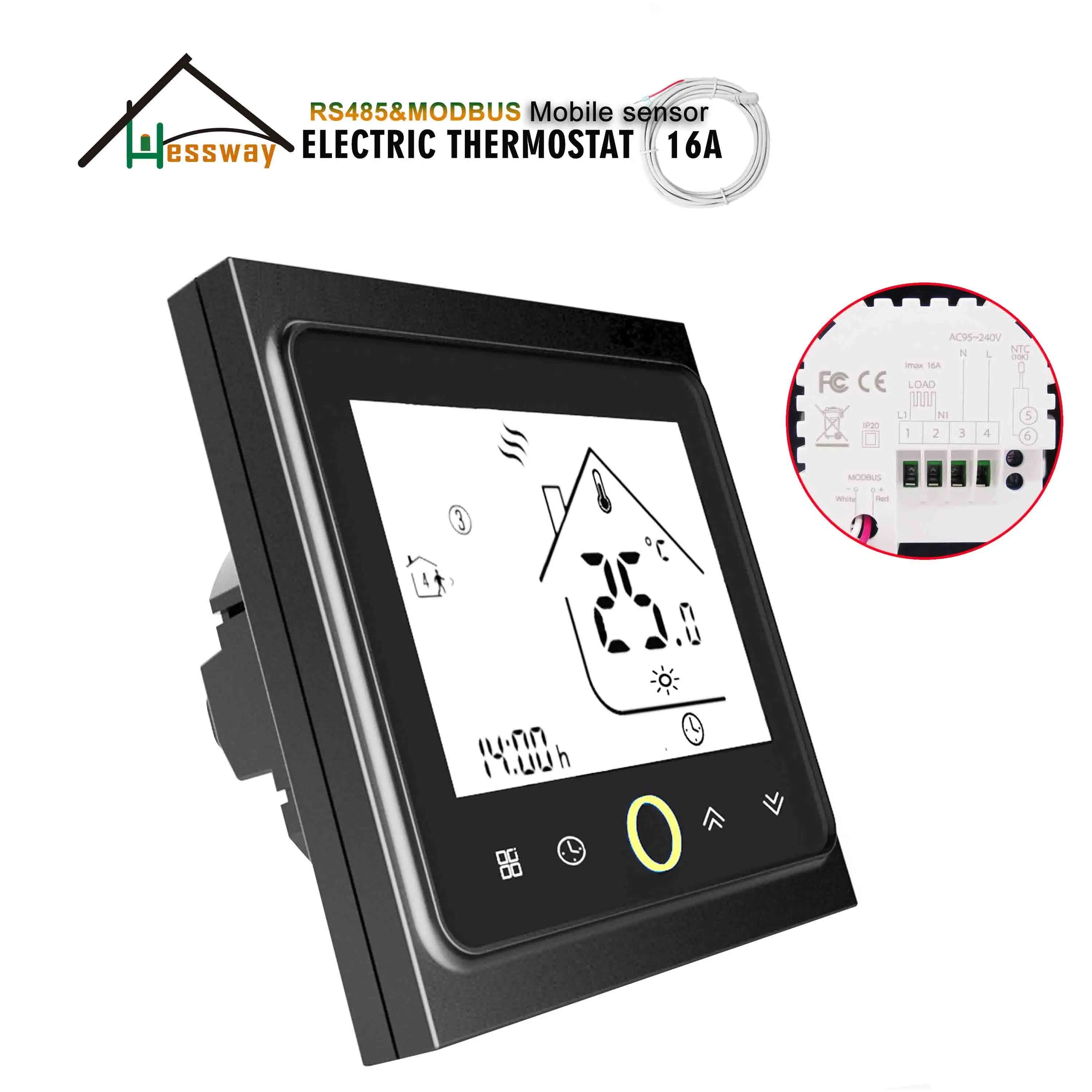 HESSWAY 24V 95-250VAC 16A controlador de temperatura eléctrico de doble Sensor para termostato RS485 protocolo Modbus operación remota