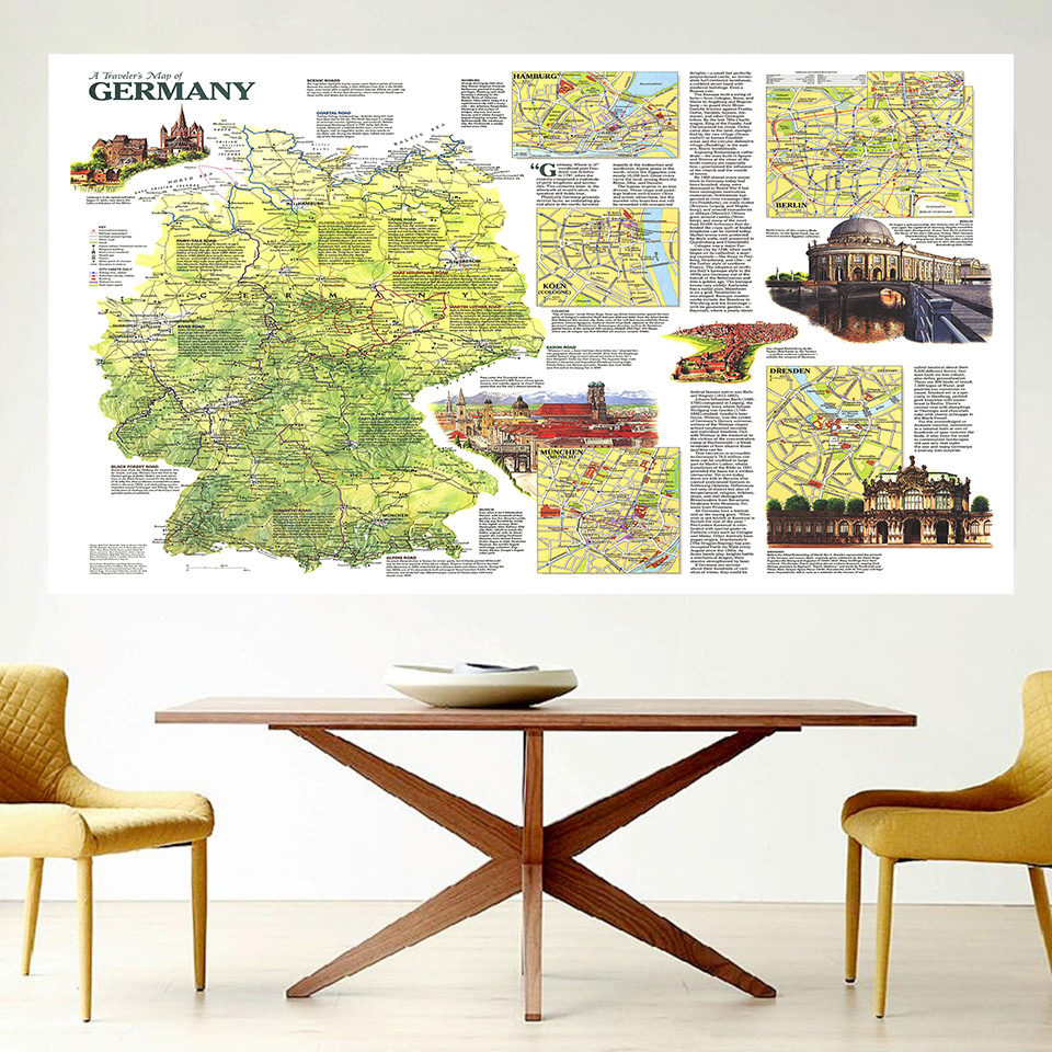 150*100センチメートル旅行地図ドイツ1991ビンテージポスターの不織布のキャンバス絵画リビングルーム装飾学用品