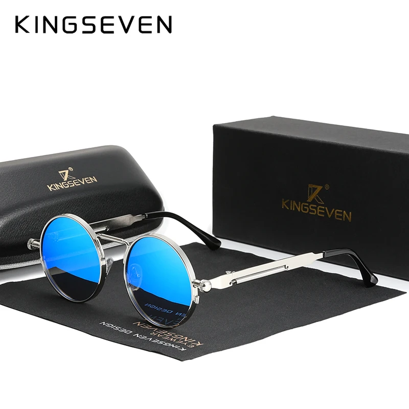 KINGSEVEN 高品質ゴシックスチームパンクサングラス偏光男性女性ブランドデザイナーヴィンテージラウンドメタルフレームサングラス