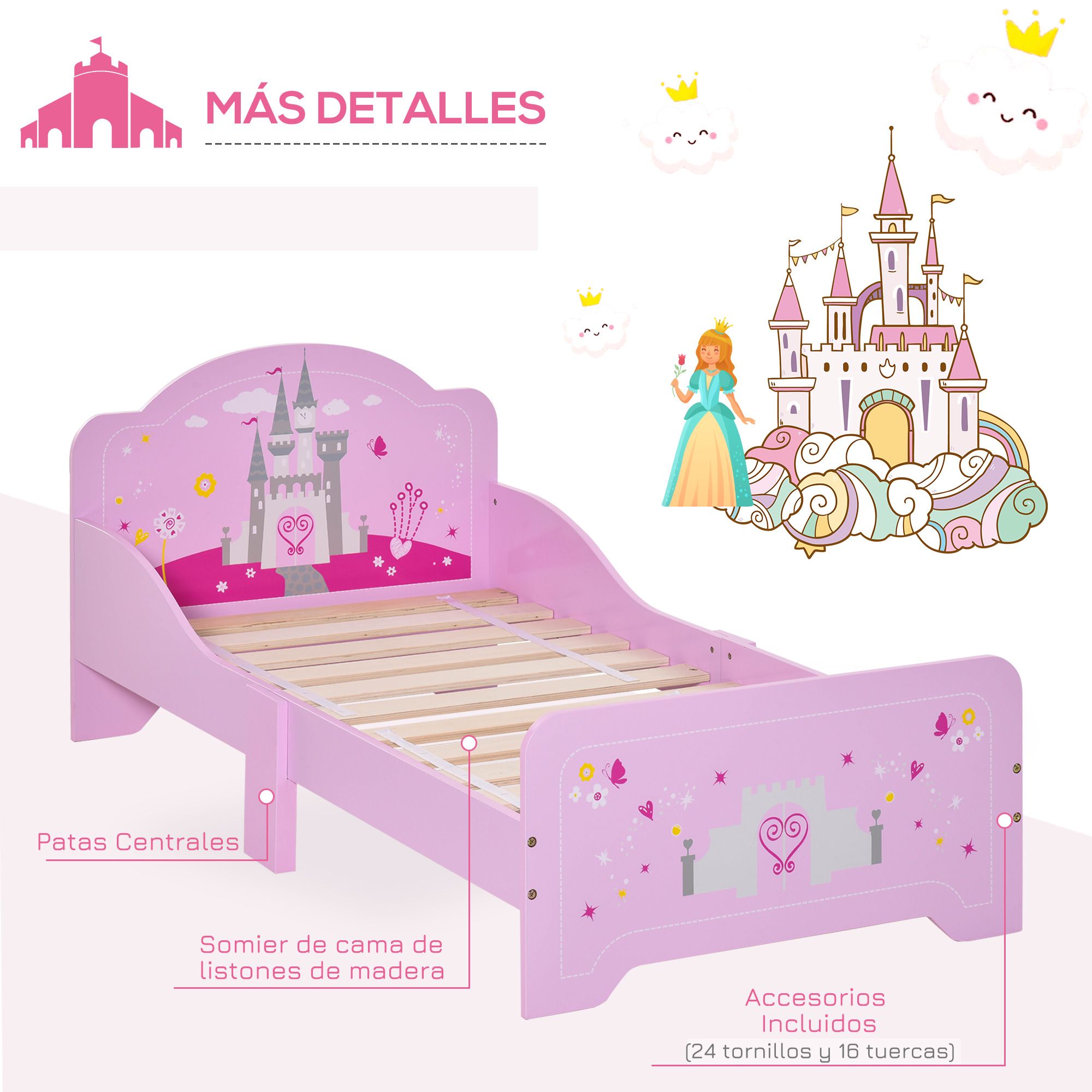 HOMCOM letto per bambini in legno per + 3 anni con protezione laterale