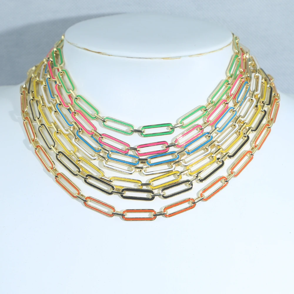 Vnox Kalung Enamel 7 Warna Punk Dasar untuk Pria Wanita Rantai Lengkung Kuba Choker Warna Emas Logam Padat 35 + 10Cm