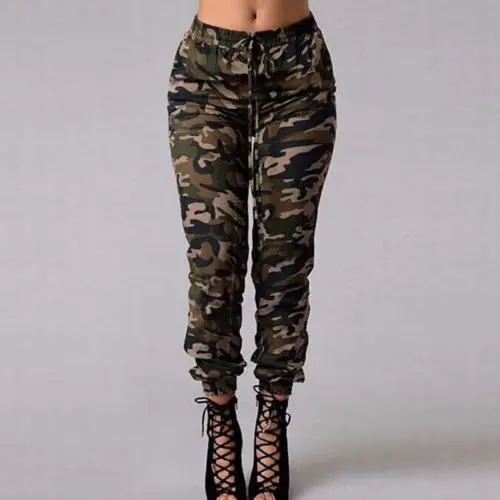Nova venda quente cintura elástica conversível calças moda plus size camuflagem elegante magro exército verde calças jeans feminino