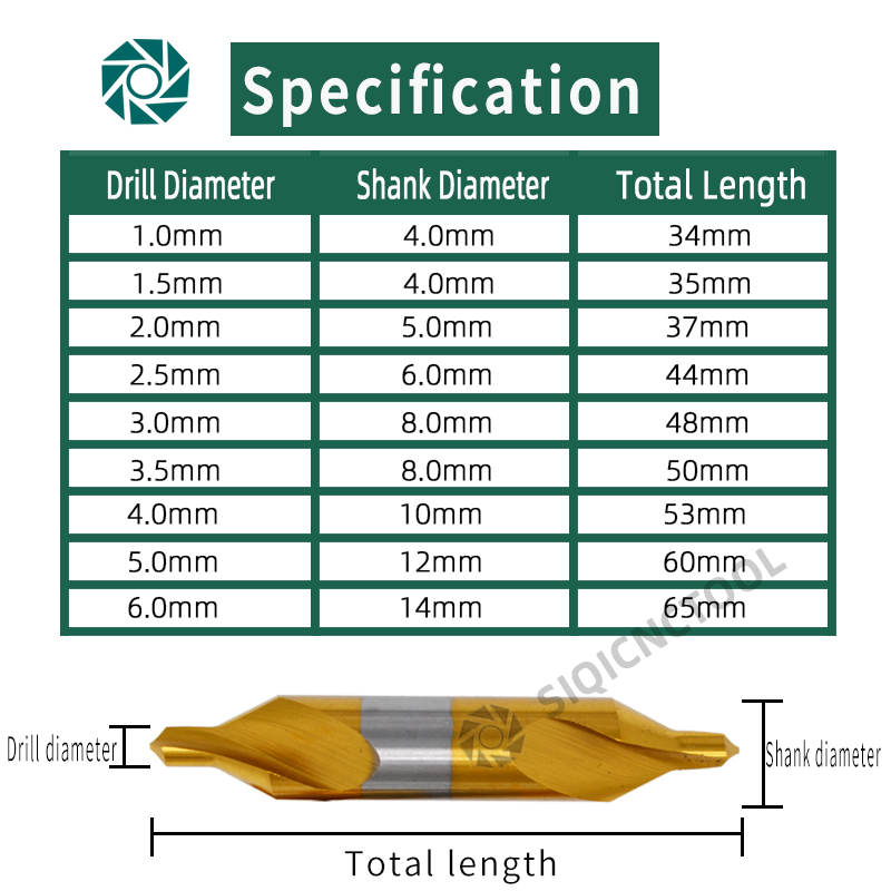 Ensemble de forets centraux combinés HSS, fraises à 60 degrés à revêtement Ti, jeu de 6 pièces 1.0-5mm tour à mèche de centrage en métal W6542 M35