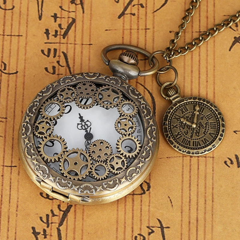 빈티지 골동품 구리 Steampunk 청동 중공 기어 석영 주머니 시계 목걸이 펜던트 시계 체인 남성 여성 액세서리