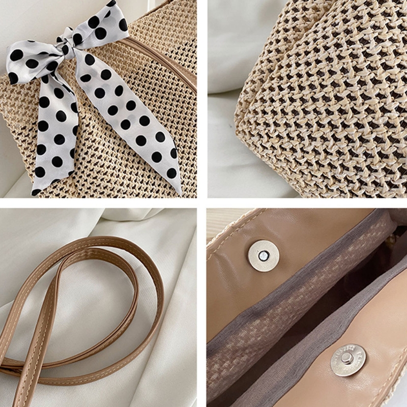 ผ้าพันคอผ้าไหมผู้หญิงฟางทอ Tote กระเป๋าสะพาย Casual ทอผ้าไหล่กระเป๋าขนาดใหญ่ความจุกระเป๋าเดินทาง Tote กระเป๋ากระเป๋าถือ