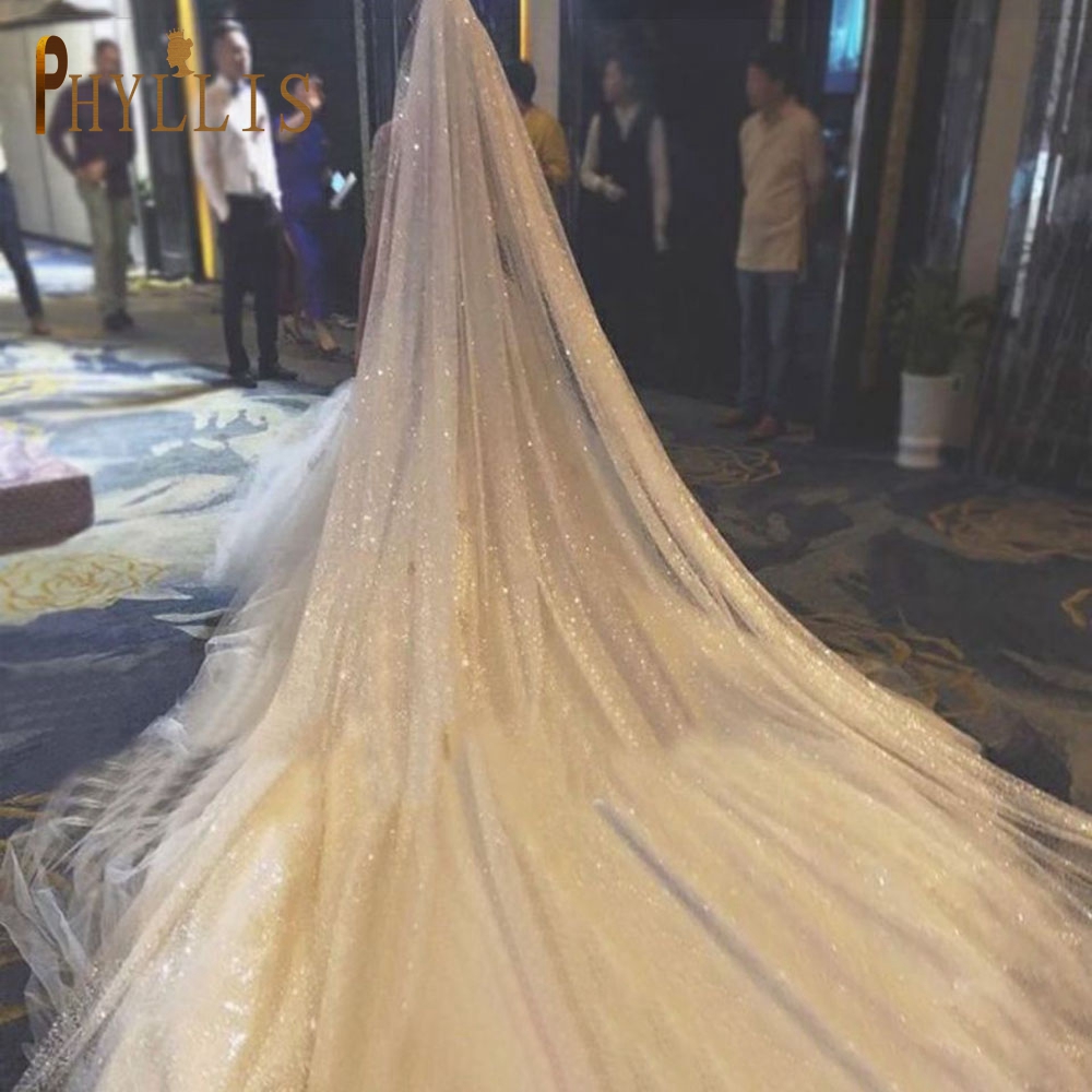B58-D brilho véu de casamento champanhe colorido véus de casamento bling véus de noiva longo 3m/5m véu de noiva luxo catedral véu