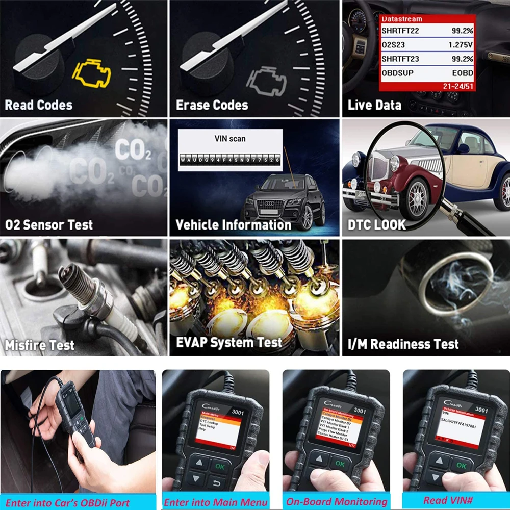 LAUNCH-herramienta de diagnóstico automotriz X431 Creader CR3001 OBD2, escáner de fallas de motor, lector de código OBDII OBD, actualización gratuita, PK ELM327