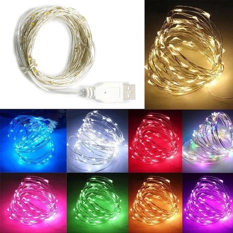 1M 2M 5M 10M USB Powered ไฟ LED String ลวดเงิน Fairy Garland ตกแต่งปีใหม่งานแต่งงานตกแต่งคริสต์มาสสําหรับ Home Room