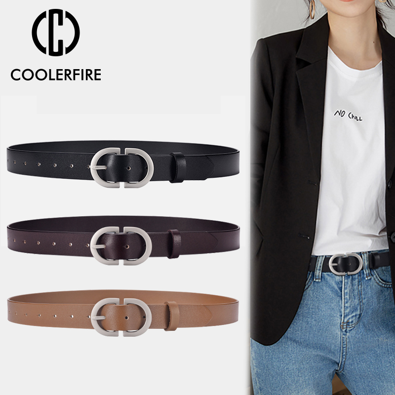 Cinturón de mujer de cuero genuino, cinturón con hebilla redonda de metal a la moda para mujer, cinturones de marca de lujo salvaje para mujer LD032