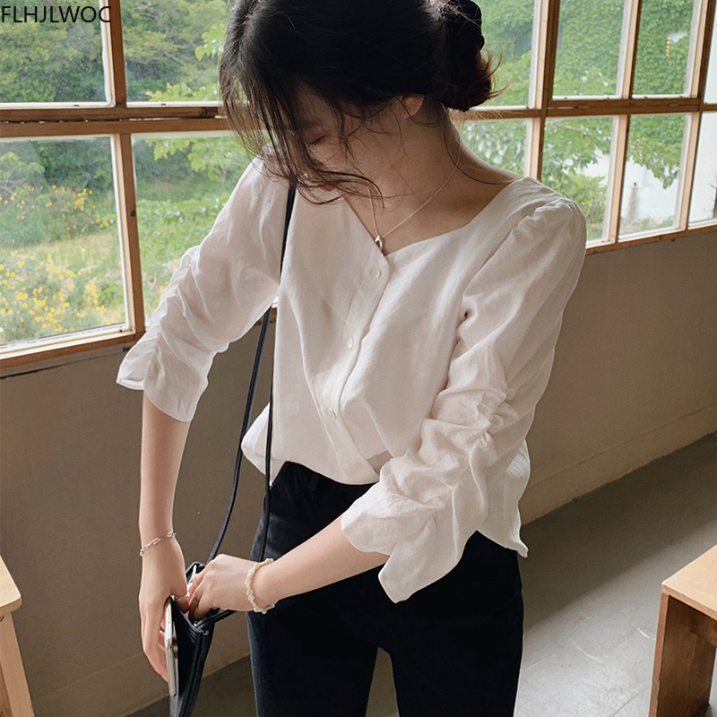 2020 jesień jesienna, w stylu Basic koszula pojedyncze jednorzędowe guziki topy słodkie styl Preppy japonia Korea elegancki bluzka Vintage solidny biały kobiety Top
