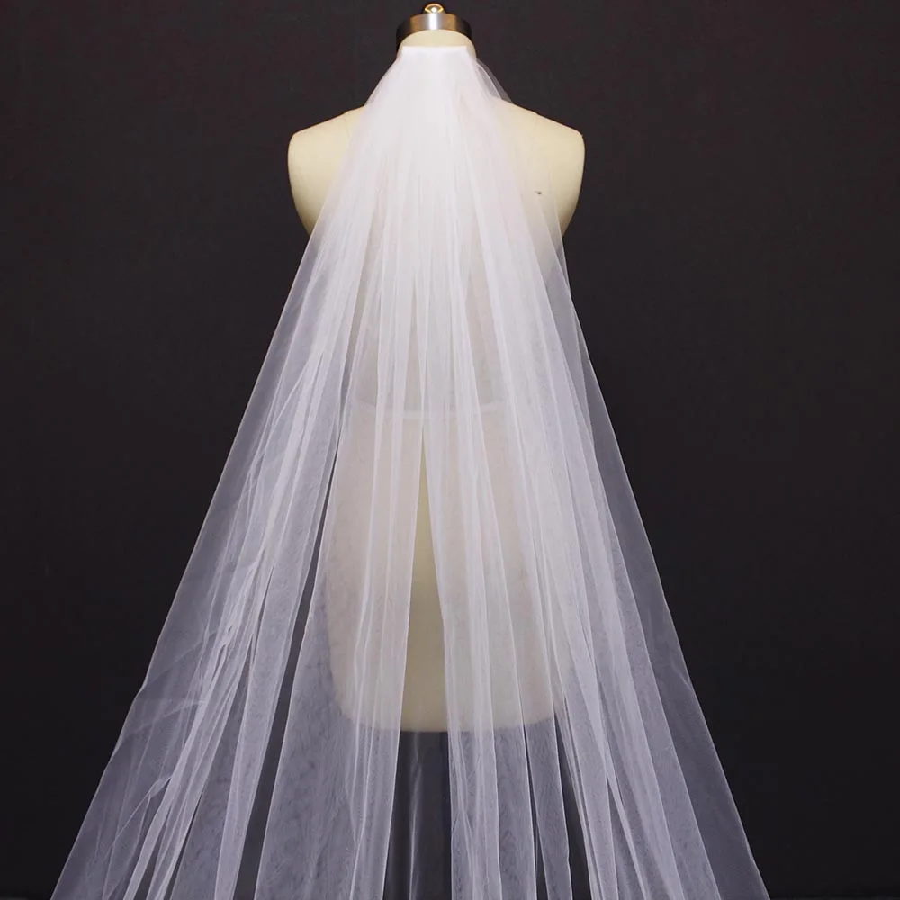 Véu de casamento longo de tule macio com pente, alta qualidade, liso, muito macio, branco, marfim, catedral, acessórios de casamento
