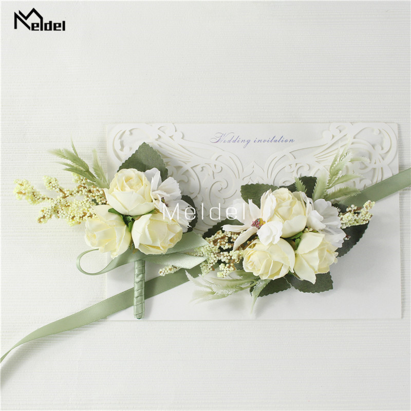 멜델 손목 코사지 웨딩 남자 Boutonniere 소녀 팔찌 신랑 핀 신부 들러리 손목 코사지 꽃 실크 레드 로즈 Boutonniere