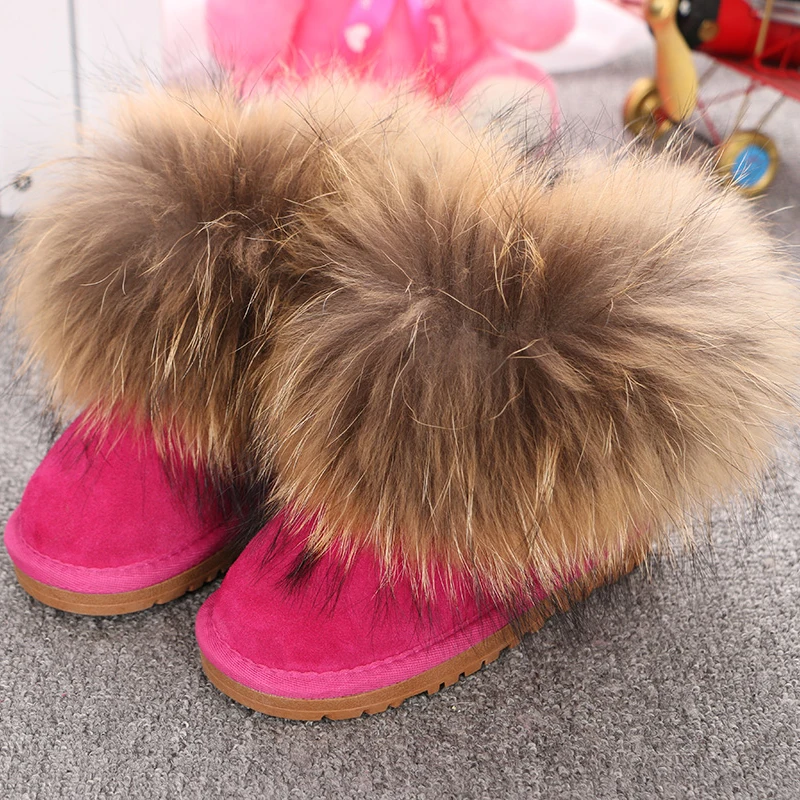 Crianças de couro genuíno sapatos personalizados botas de neve natural grande pele de raposa inverno frio meninos meninas botas quentes do bebê