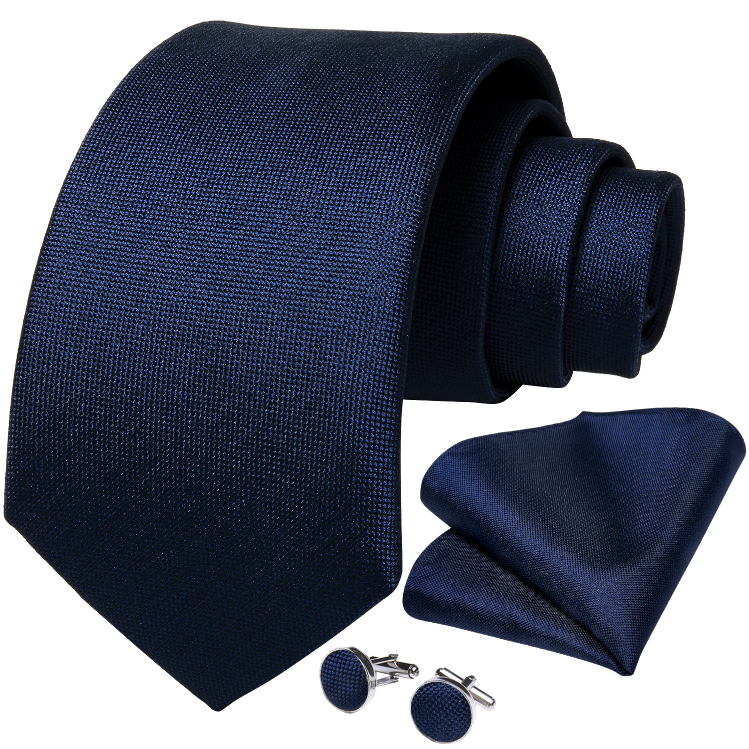 DiBanGu 탑 네이비 블루 솔리드 넥타이 남성용 100% 실크 남성용 넥타이 Hanky ​​Cufflinks 넥타이 정장 비즈니스 웨딩 파티 넥타이 세트 MJ-7140