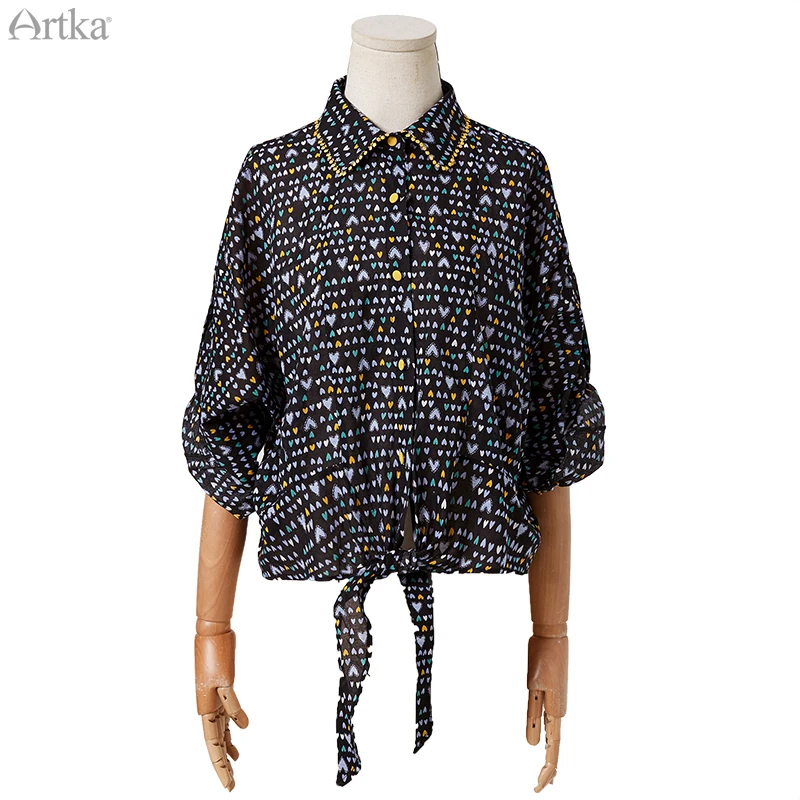 ARTKA 여성용 빈티지 프린트 블라우스, 화이트 쉬폰 셔츠, 캐주얼 루즈 레이스업 긴팔 셔츠, 2020 봄 여름 신상, SA20609C