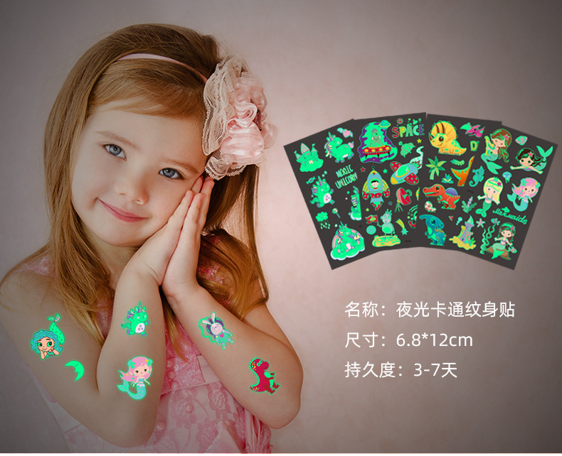5 hojas/juego de pegatinas de tatuaje luminosas para niños, tatuajes temporales impermeables para cara, brazo y pierna, juguetes para regalo