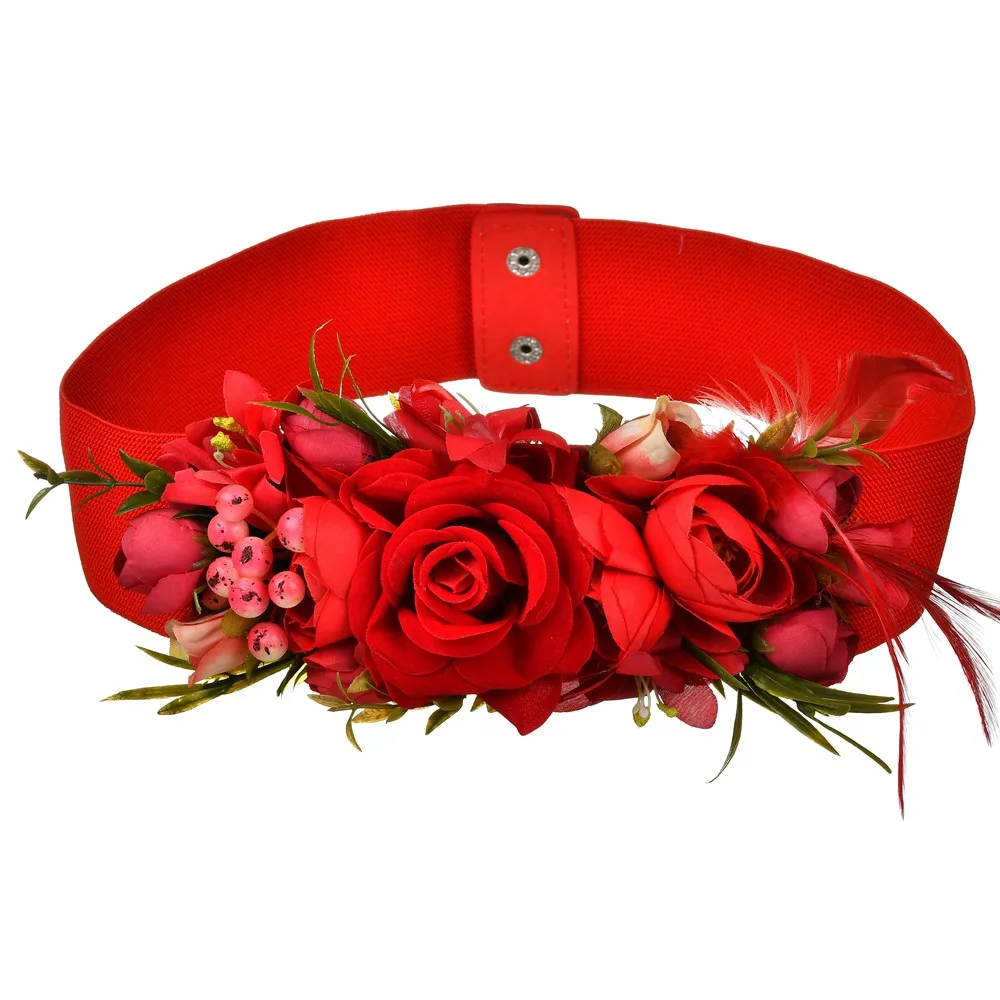 Breiter Gummigürtel für Damen mit roten künstlichen Rosenblüten