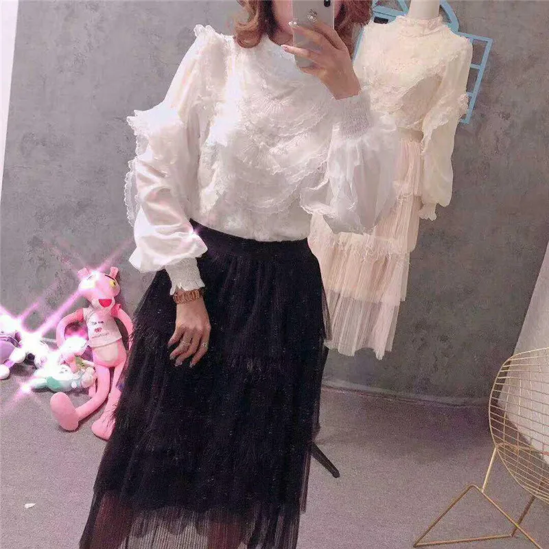 Camisa de renda feminina com lanternas florais doces, blusa de malha feminina com babados com fundo curto, primavera e outono, 1744