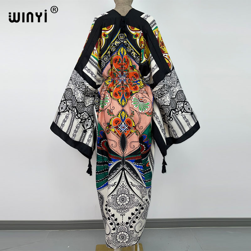 WINYI ชุดฤดูใบไม้ผลิ2021ผู้หญิงกิโมโน Cardigan Stitch Robe ค็อกเทล Sexcy Boho Maxi แอฟริกันวันหยุด Batwing ผ้าไหม Robe