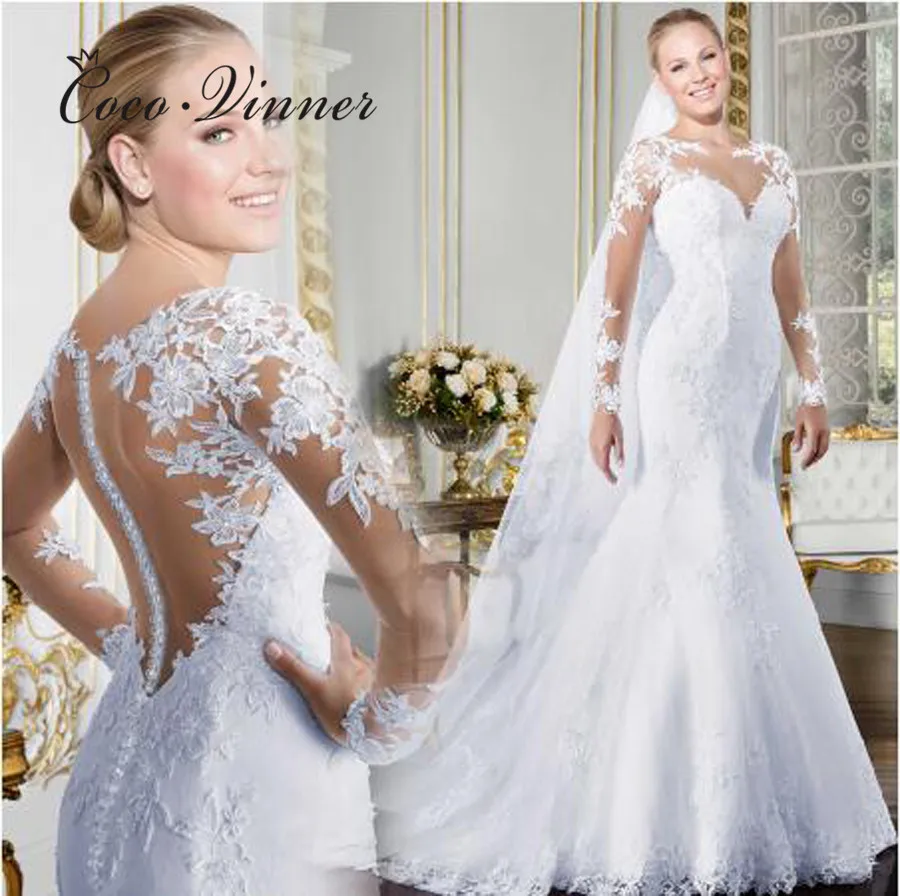 Abiti da sposa a sirena a maniche lunghe con scollo a V personalizzati 2025 Nuova illusione sul retro Appliques in pizzo Elegante abito da sposa per le donne W0058