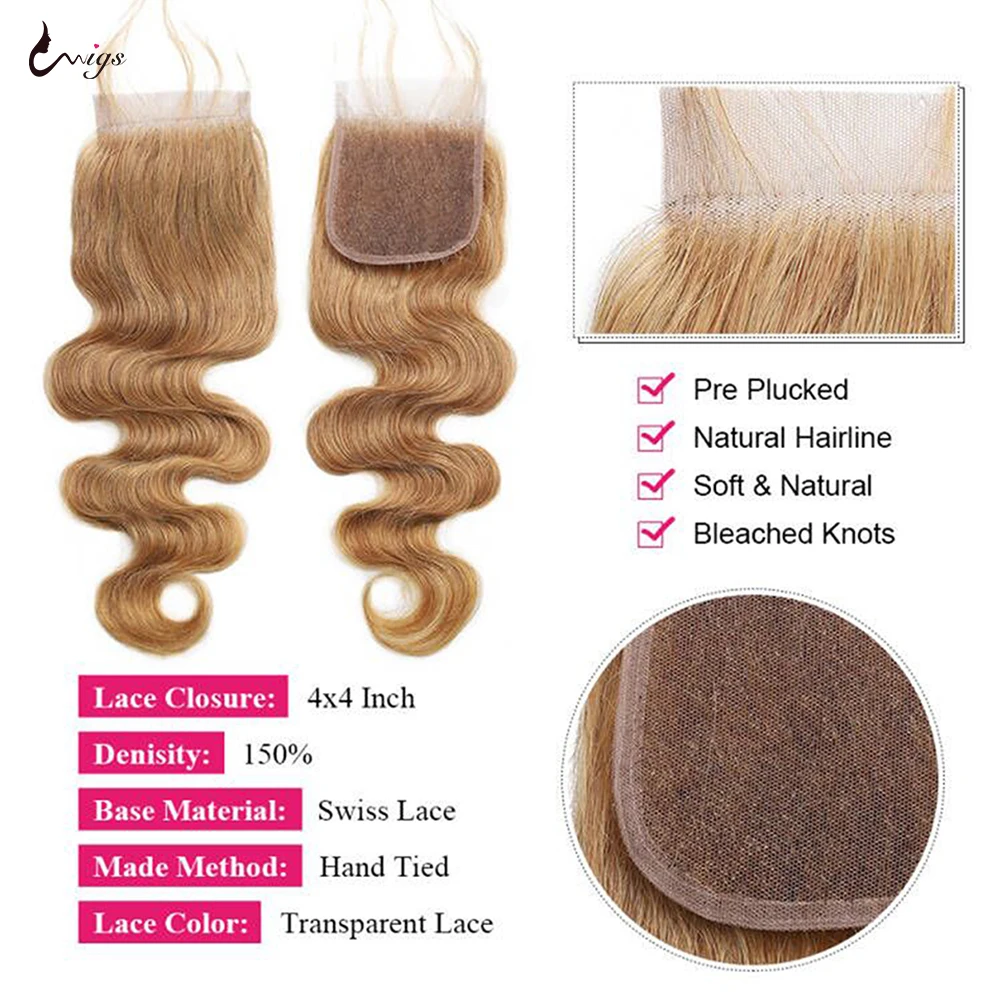 # 27 mel loira pacotes de cabelo humano com fechamento tecer cabelo brasileiro pacotes com fechamento 10a colorido onda do corpo pacotes