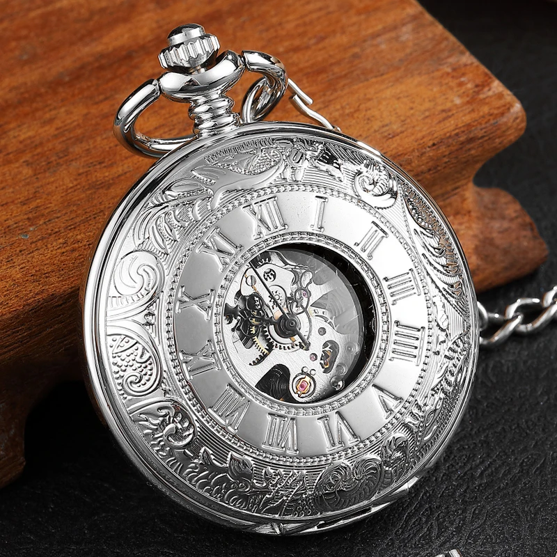 Retro Tay Gió Cơ Đồng Hồ Bỏ Túi Với Fob Dây Chuyền Nam Rỗng Quay Số Xương Thép Thạch Anh Thời Trang Đồng Hồ Bỏ Túi Quà Tặng