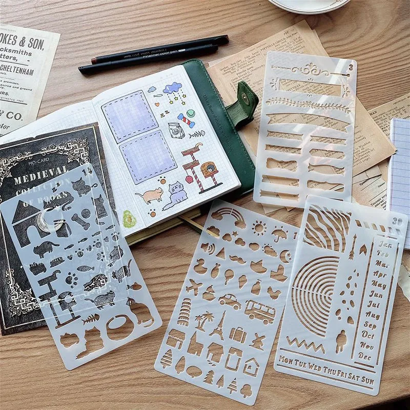 12 Chiếc Nhựa Có Thể Tái Sử Dụng Đạn Stencils Cho Tranh DIY Thêu Sò Nhật Ký Sổ Lưu Tạp Chí Bản Mẫu Trường Văn Phòng Phẩm Quà Tặng