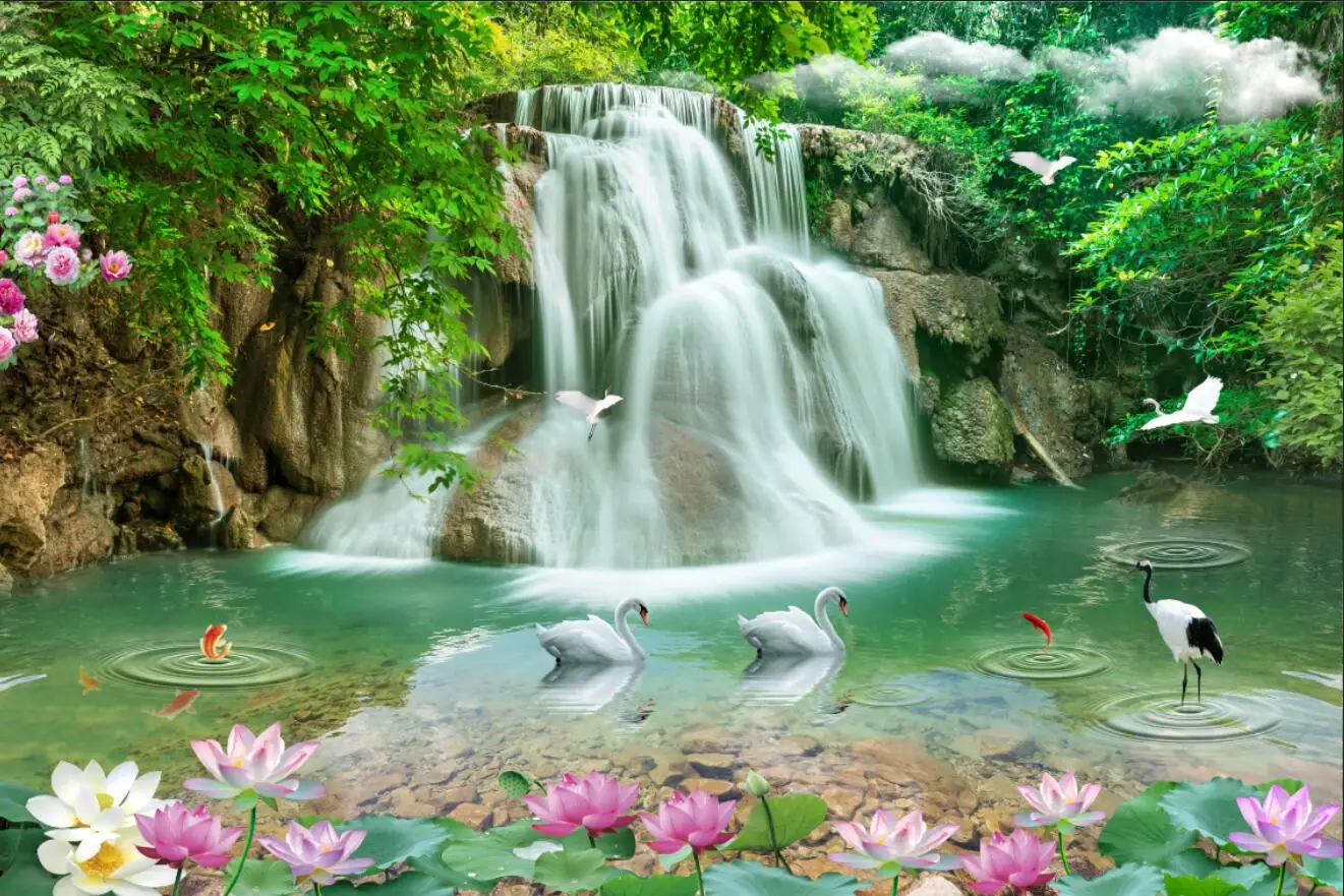 ที่กําหนดเองน้ําตกภาพจิตรกรรมฝาผนังภูมิทัศน์ธรรมชาติป่าไหลน้ําภาพวาดตกแต่งบ้าน Self-กาววัสดุ 3D วอลล์เปเปอร์