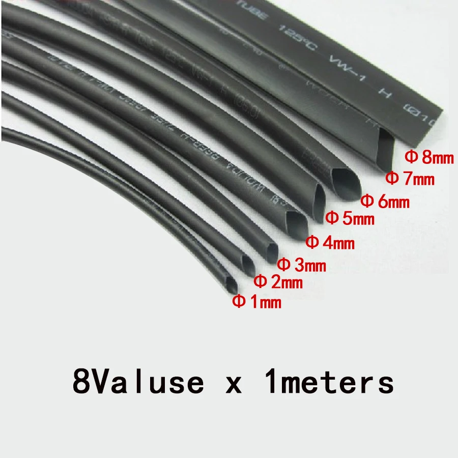 8 Meter/set Heat Shrink Tube kit 1/2/3/4/5/6/7/8/mm 2:1 Black Heat Shrink Tubing Shrinkable Sleeving Wrap DIY Connector wire kit