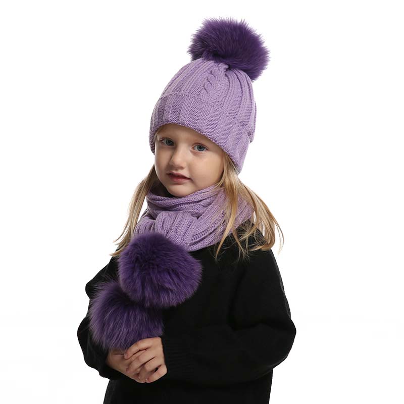 Conjunto de gorro y bufanda con pompón de piel de zorro auténtica para niños, bonito gorro de invierno para bebé, niño y niña, gorros con pompón interior de lana de 3 piezas