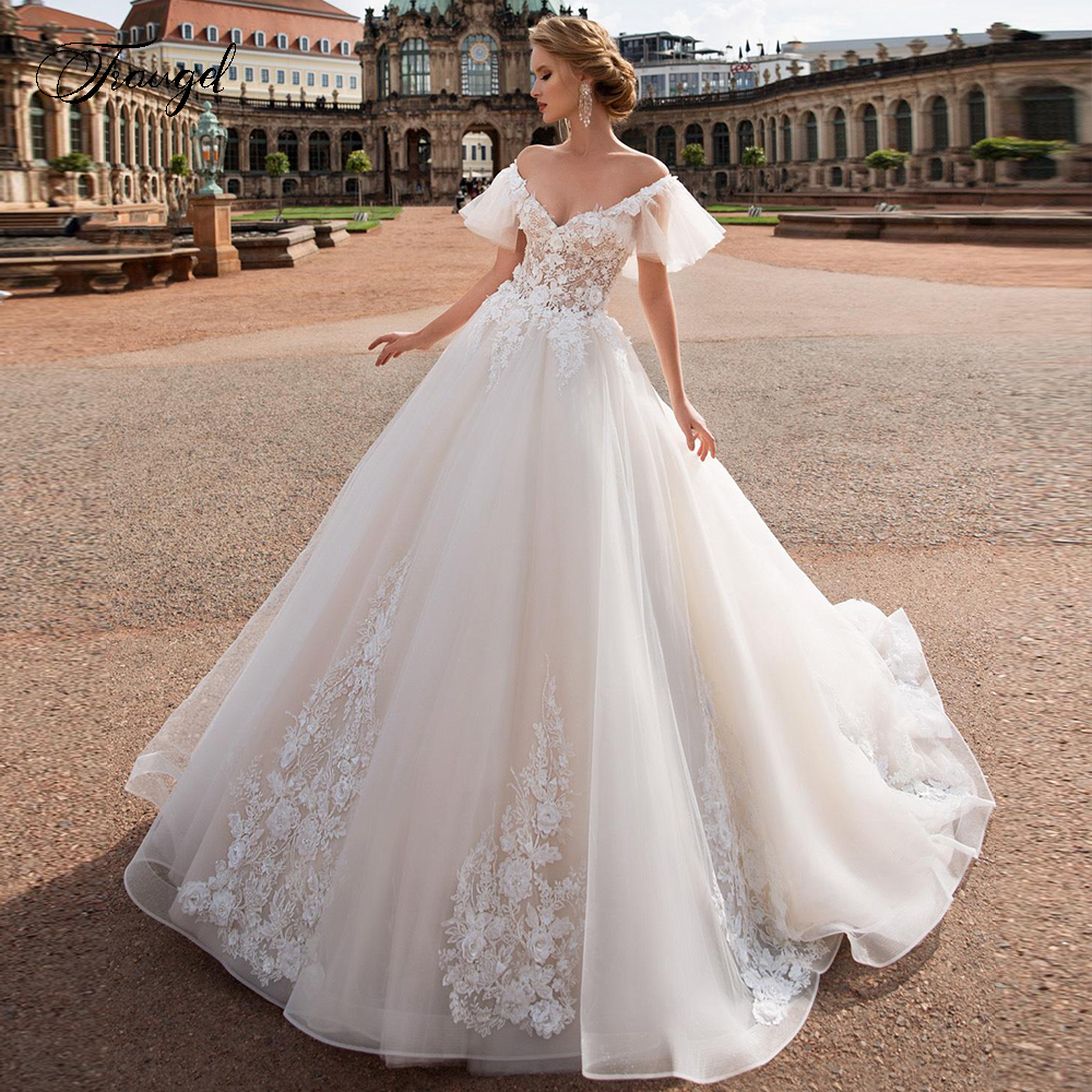 Maßgeschneidertes sexy rückenfreies V-Ausschnitt Kurzarm A-Linie Spitze Brautkleider Applikation Blumen Hofschleppe Vintage Brautkleid