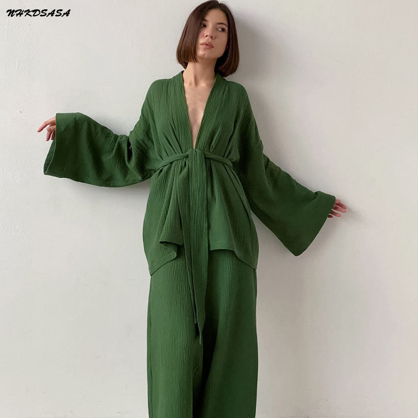 NHKDSASA 着物パジャマ 2023 新綿 100% クレープ長袖ズボンレディースパジャマスーツ女性のホームサービス Mujer