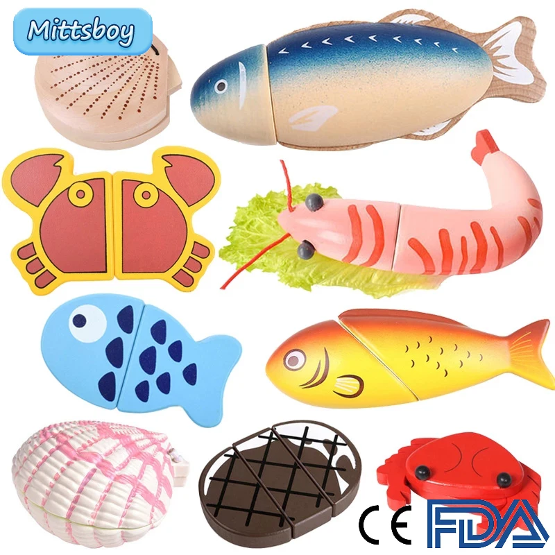 Juego de cocina Montessori para niños, simulación de madera, corte magnético, mariscos, langosta, cangrejo, juguetes educativos para edades tempranas, regalo
