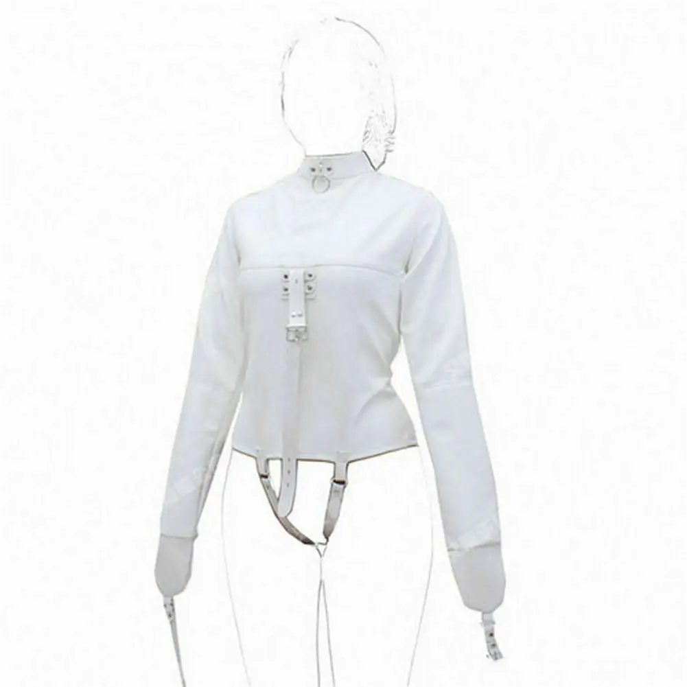 Traje de jaqueta reta de assimilo branco S/M L/XL Arnês de corpo Armbinder de contenção