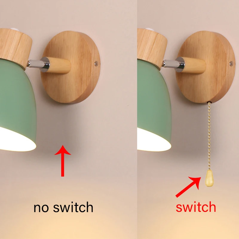 Lámpara de pared nórdica de madera con interruptor, aplique de pared moderno para dormitorio, sala de estar, iluminación del hogar, macarrón, cabezal de dirección de 6 colores E27