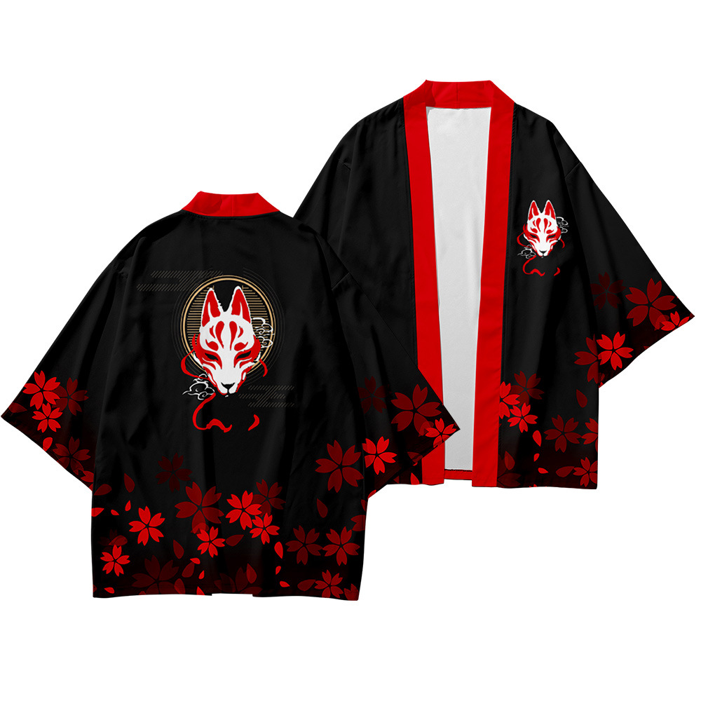 XS-6XL de talla grande con estampado de zorro negro, conjunto de Kimono y pantalón de moda de estilo japonés, cárdigan para hombre, blusa, ropa asiática Haori Obi
