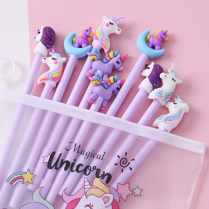 10 unids/set lindo bolígrafo de Gel Kawaii patrón aleatorio unicornio Pony 0,5 m bolígrafo de tinta de Gel negro papelería escolar proveedores de oficina regalos